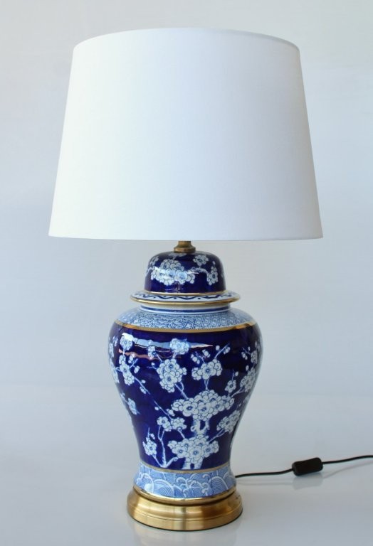 Navy Blue, White & Gold Floral Lamp Base With White Shade